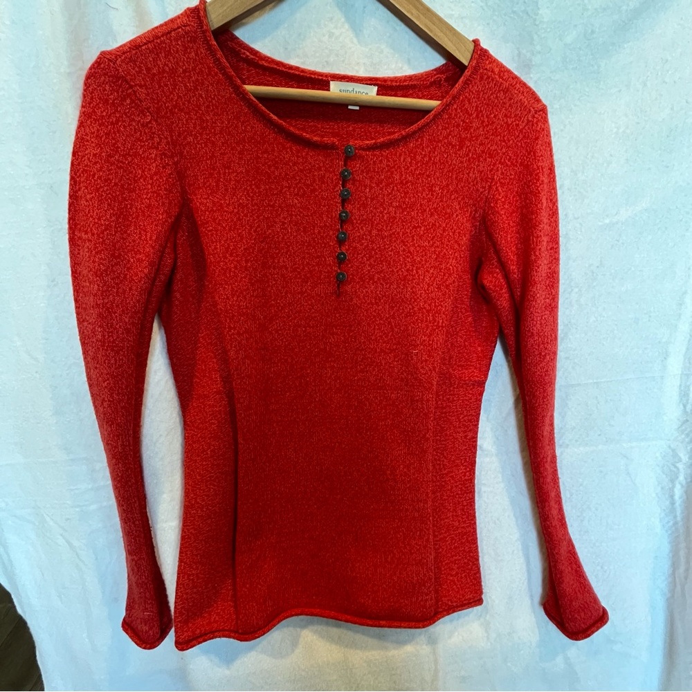 Sundance Red Crew Neck Sweater w/ Button Detail Women’s XS long sleeve Shirt EUC